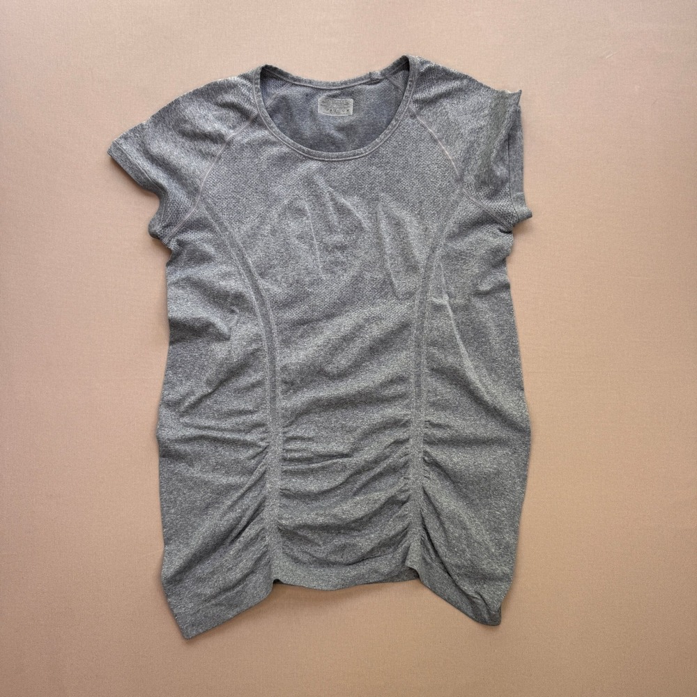 Athleta Gray Heathered Ruched Seamless Short Sleeve Workout Top Medium